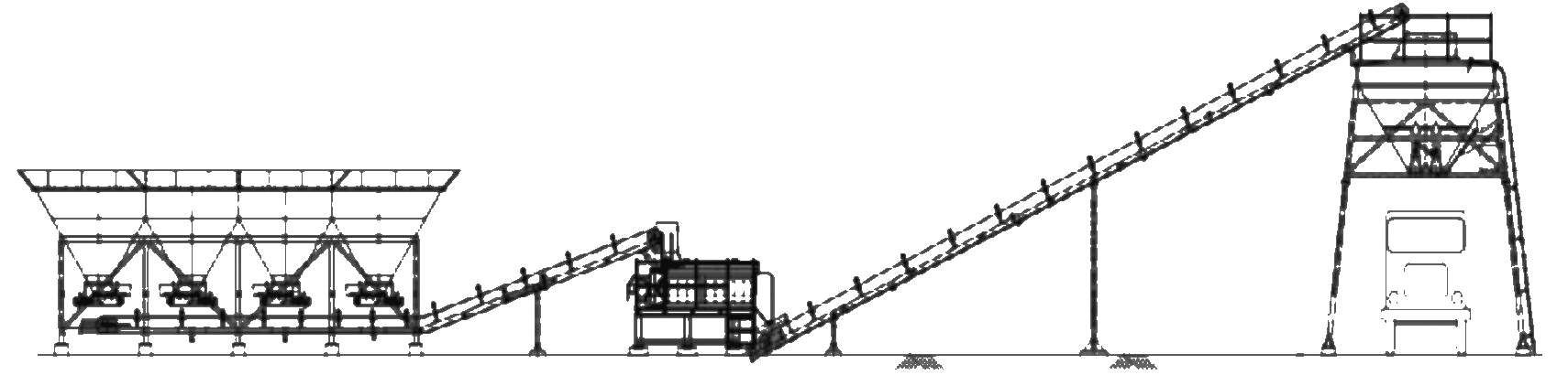 Elevation drawing of the RWMM: four-bin feeder, gathering belt to the pugmill, long load-out conveyor up to a storage silo with a tipper parked underneath
