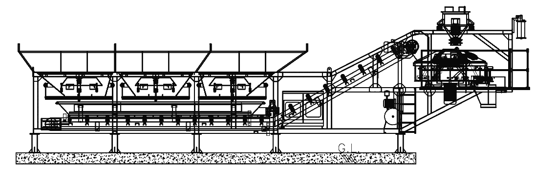 Elevation drawing of the RCMP: three inline aggregate bins over a collecting conveyor on a PCC bed, an inclined conveyor to the raised mixer platform with cement and water weighers