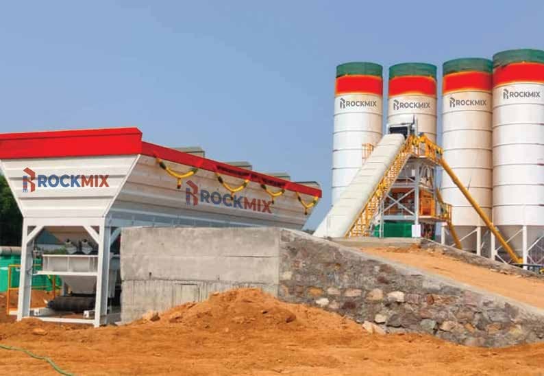 RSP stationary plant with four Rockmix cement silos, inline bins and inclined conveyor