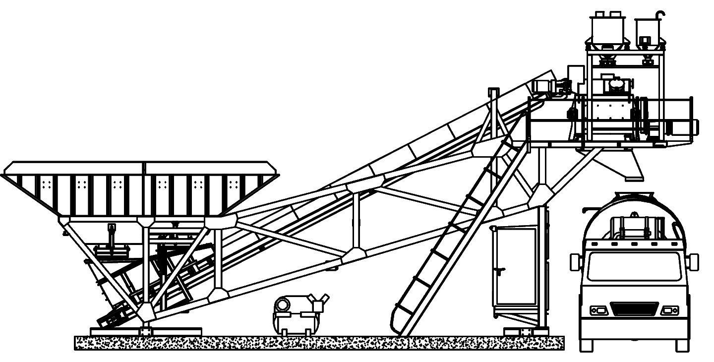 Elevation drawing of the RCP: four-bin aggregate hopper, inclined belt conveyor up to a raised mixing platform with cement and water weighers, and a transit mixer parked under the discharge