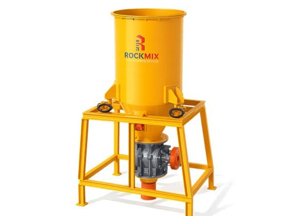 Render of the Rockmix CTAB unit: cement hopper on a steel stand with rotary valve and load cell