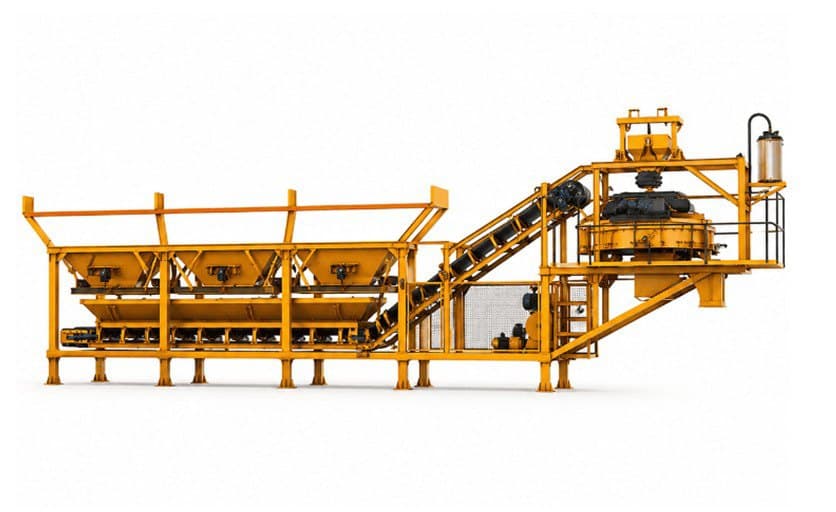 3D render of the RCMP: three inline aggregate bins over a collecting conveyor, an inclined belt to the raised mixer, and the control cabin