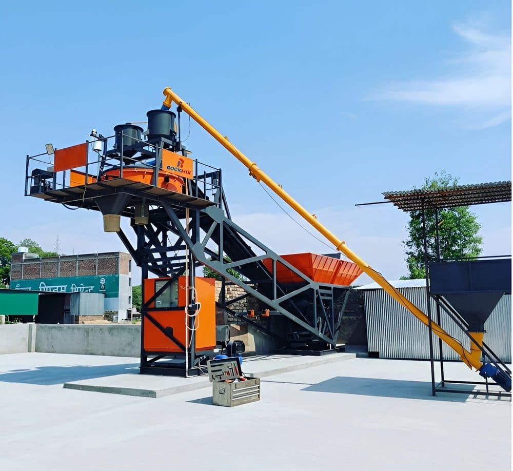 RCP compact concrete batching plant with raised mixer platform and cement screw conveyor