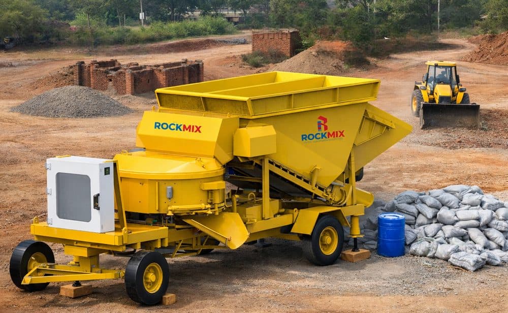 RMP-2B mini mobile concrete batching plant on its own tyres at a site