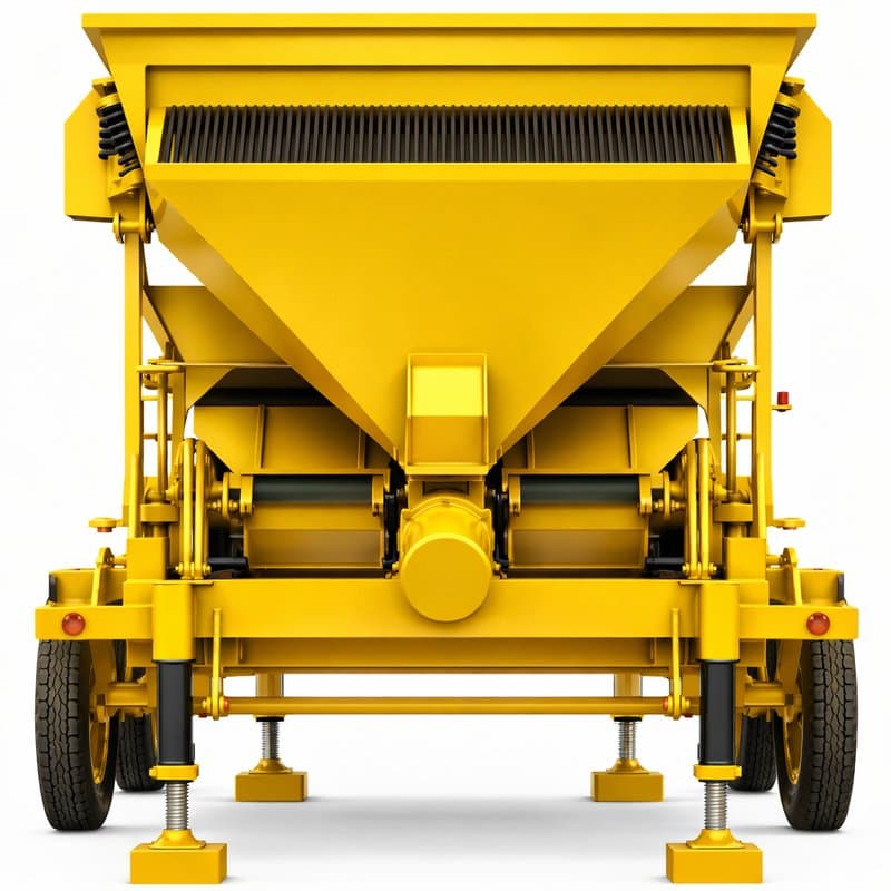 Front view render of the RMP-2B: two-bin hopper above twin feeders, on a tyred chassis with four screw jacks