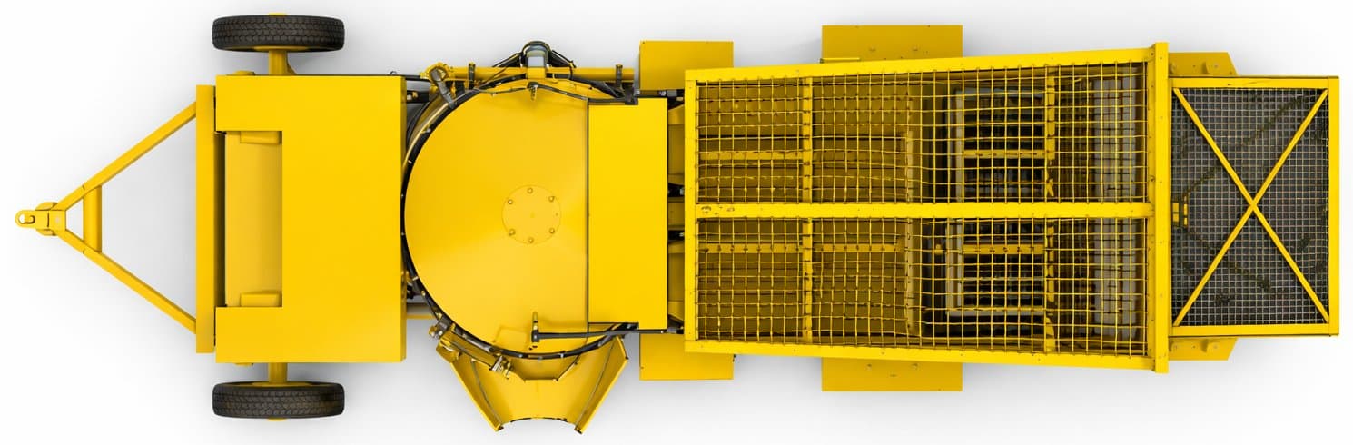 Top view render of the RMP-2B: tow bar and control panel at the front, round pan mixer in the middle, and two meshed storage bins at the back