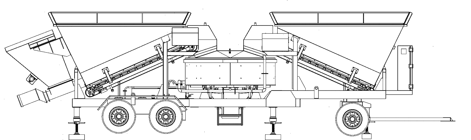 Side elevation drawing of the RMP mobile plant: two aggregate bins with conveyors, central pan mixer and control panel on a chassis with tyres and support legs