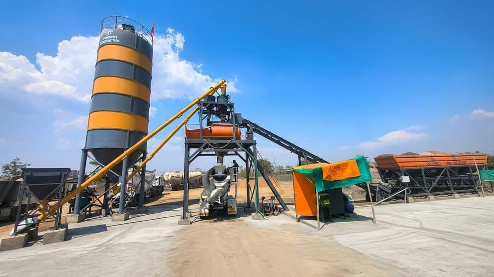 RSP stationary concrete batching plant with cement silo and transit mixer loading underneath
