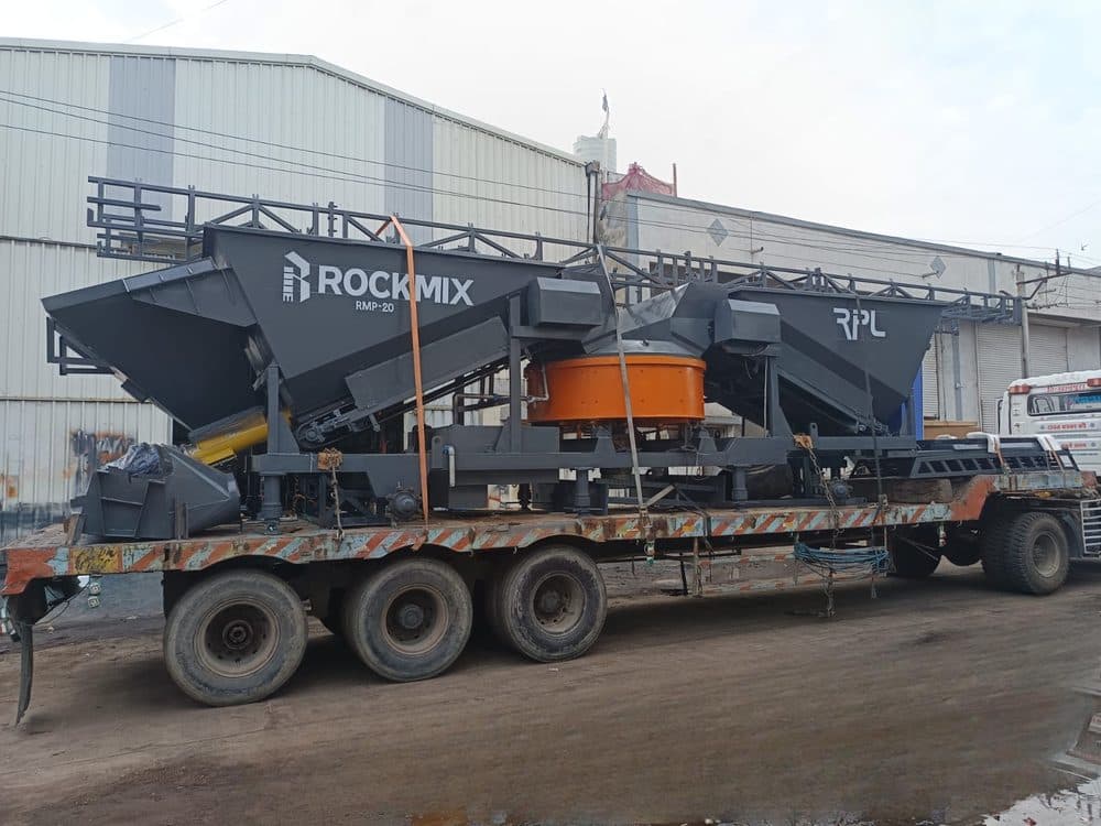 Rockmix RMP-20 mobile batching plant loaded on a trailer outside the works